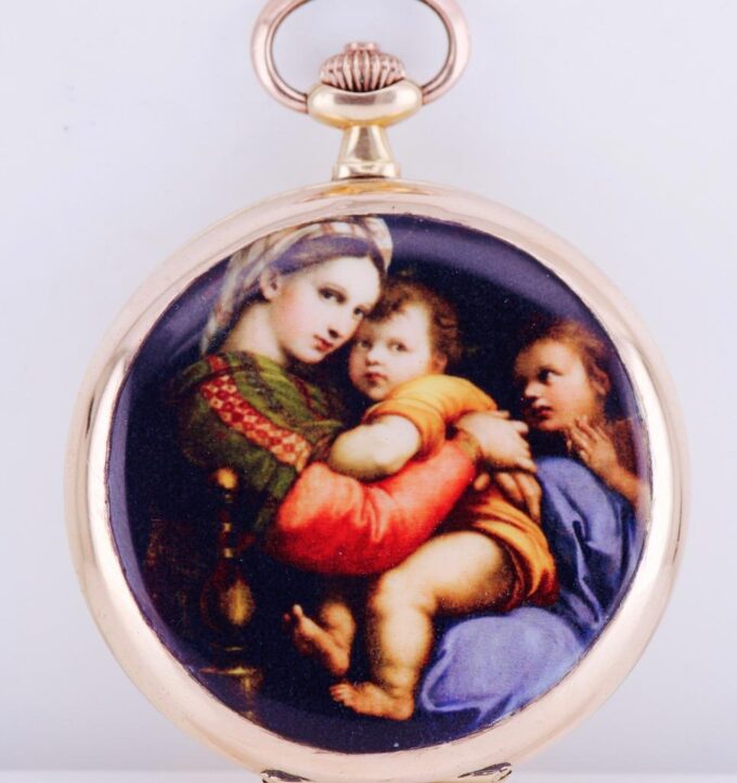 Antique 18k Gold Enamel Pocket Watch-Madonna Della Sedia-c1900 by Lergines