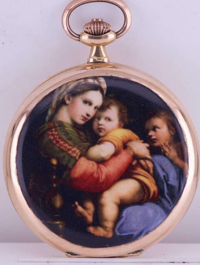 Antique 18k Gold Enamel Pocket Watch-Madonna Della Sedia-c1900 by Lergines