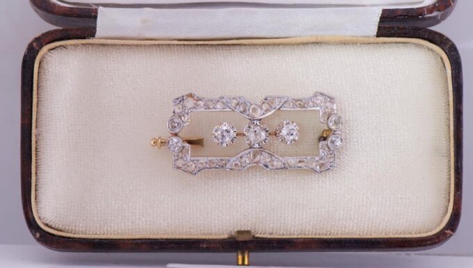 Antique Empire Belle Epoque Brooch 18k Gold 2ct Diamond c1880's Boxed