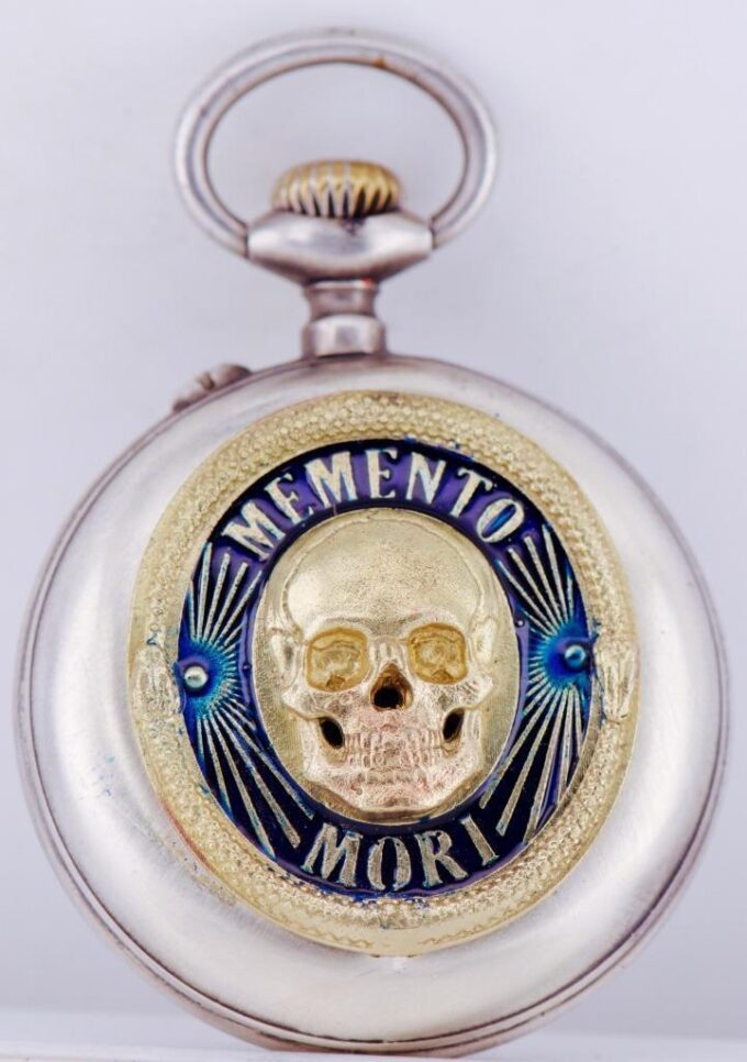 Antique Occultist Pocket Watch Memento Mori Skull Silver Enamel Case c1890