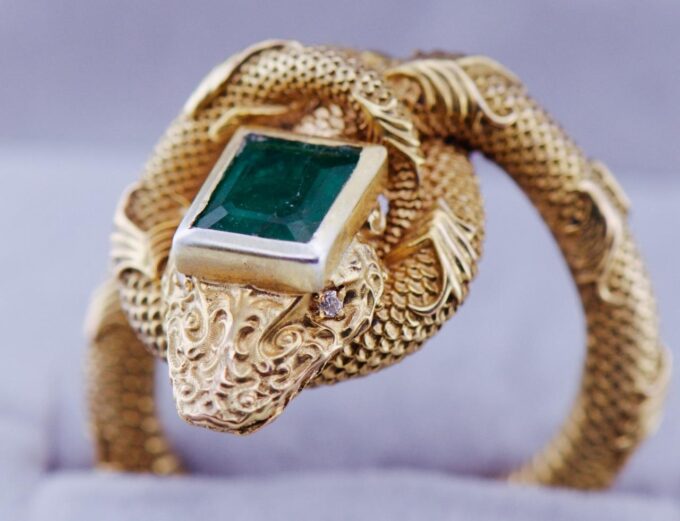 Antique Victorian Snake Serpent Ring 18k Gold Diamonds 1ct Emerald c1880's RARE