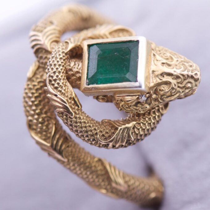 Antique Victorian Snake Serpent Ring 18k Gold Diamonds 1ct Emerald c1880's RARE