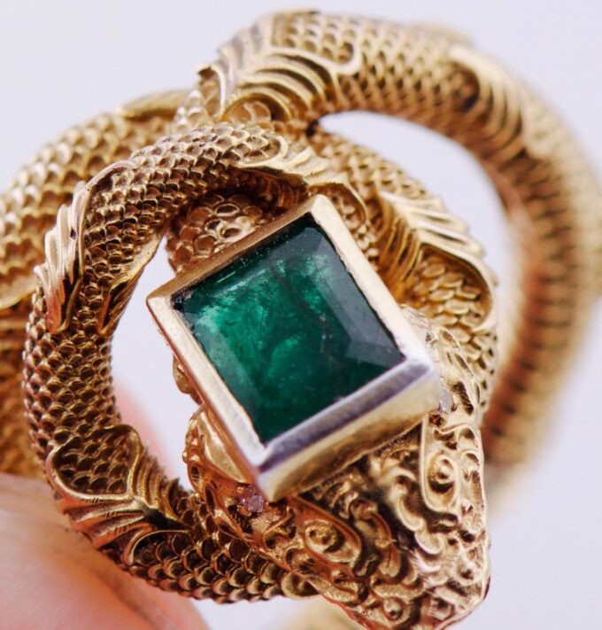 Antique Victorian Snake Serpent Ring 18k Gold Diamonds 1ct Emerald c1880's RARE