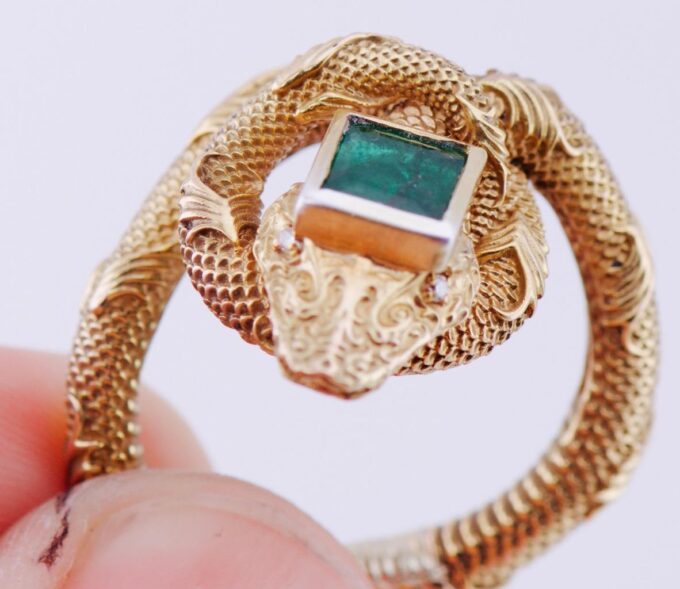 Antique Victorian Snake Serpent Ring 18k Gold Diamonds 1ct Emerald c1880's RARE