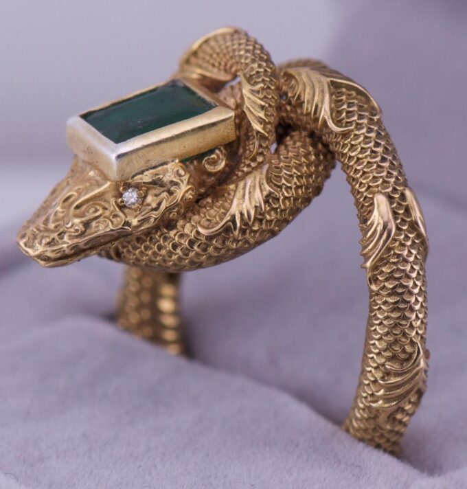 Antique Victorian Snake Serpent Ring 18k Gold Diamonds 1ct Emerald c1880's RARE