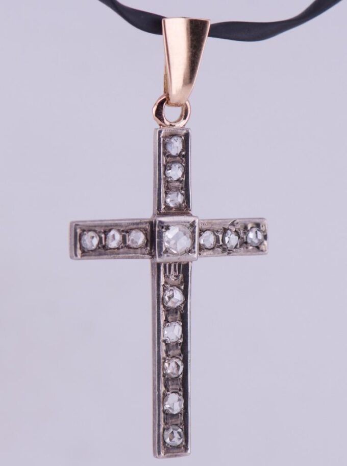 Amazing Antique Victorian 14k Gold Diamond Cross Pendant c1880's