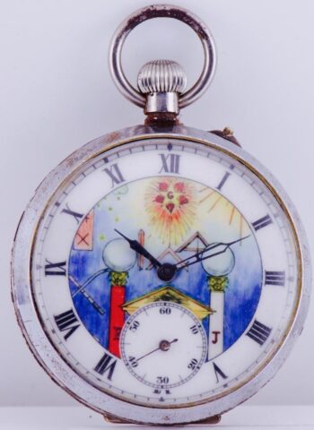 Antique Unusual Masonic Pocket Watch Enamel Dial and Fancy Skeleton Movement