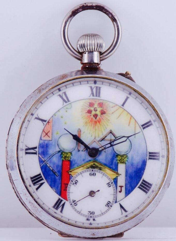 Antique Unusual Masonic Pocket Watch Enamel Dial and Fancy Skeleton Movement
