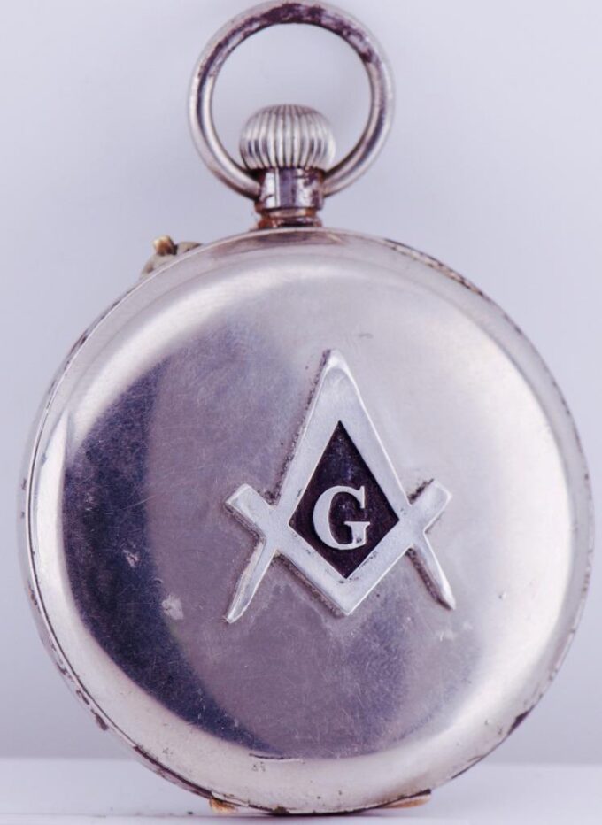 Antique Unusual Masonic Pocket Watch Enamel Dial and Fancy Skeleton Movement