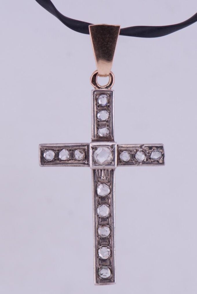 Amazing Antique Victorian 14k Gold Diamond Cross Pendant c1880's