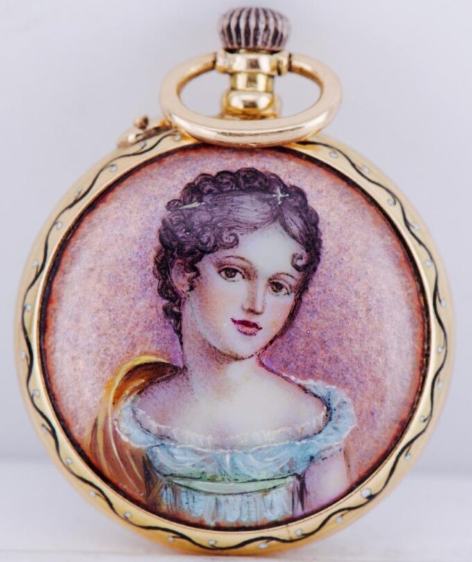 Antique French 18k Gold and Hand Painted Enamel Pocket Watch Original Box c1890