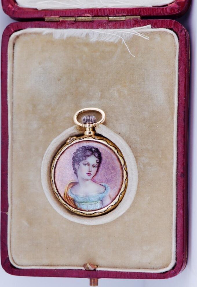 Antique French 18k Gold and Hand Painted Enamel Pocket Watch Original Box c1890