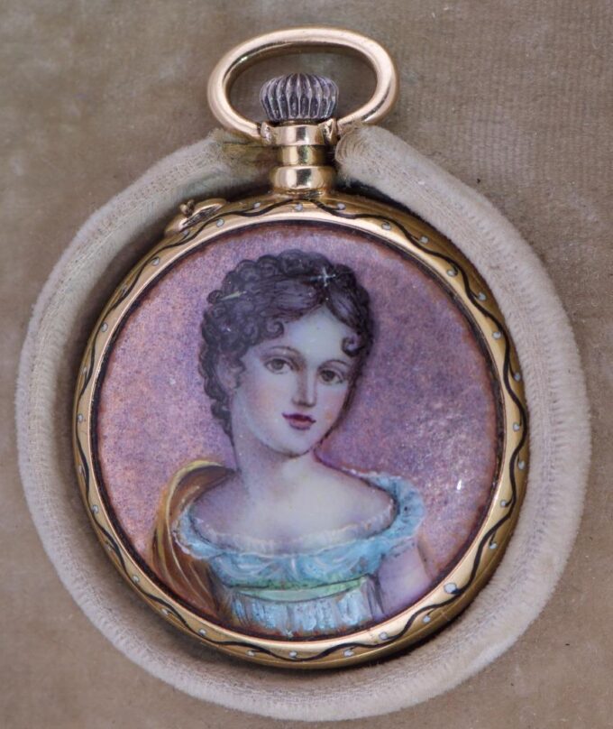 Antique French 18k Gold and Hand Painted Enamel Pocket Watch Original Box c1890