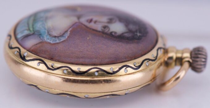 Antique French 18k Gold and Hand Painted Enamel Pocket Watch Original Box c1890