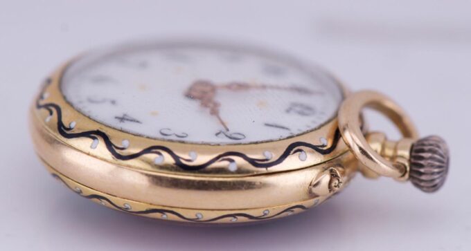 Antique French 18k Gold and Hand Painted Enamel Pocket Watch Original Box c1890