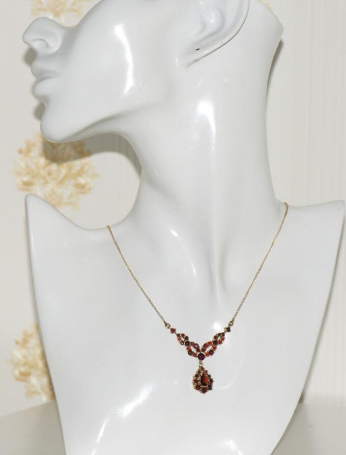 Antique Art-Deco 14k Gold Necklace 3ct Bohemian Garnets c1930's Original Box