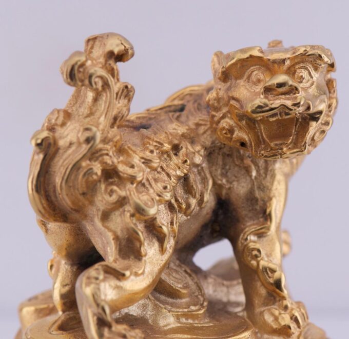 Chinese Qing Dynasty Lepine Verge Fusee Clock Ormolu Gilt Bronze Fu Dog Figure