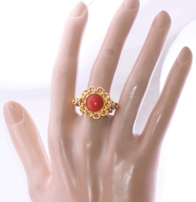 Antique Victorian Ladies Ring Memento Mori Skull 14k Gold Coral c1900 8g Heavy