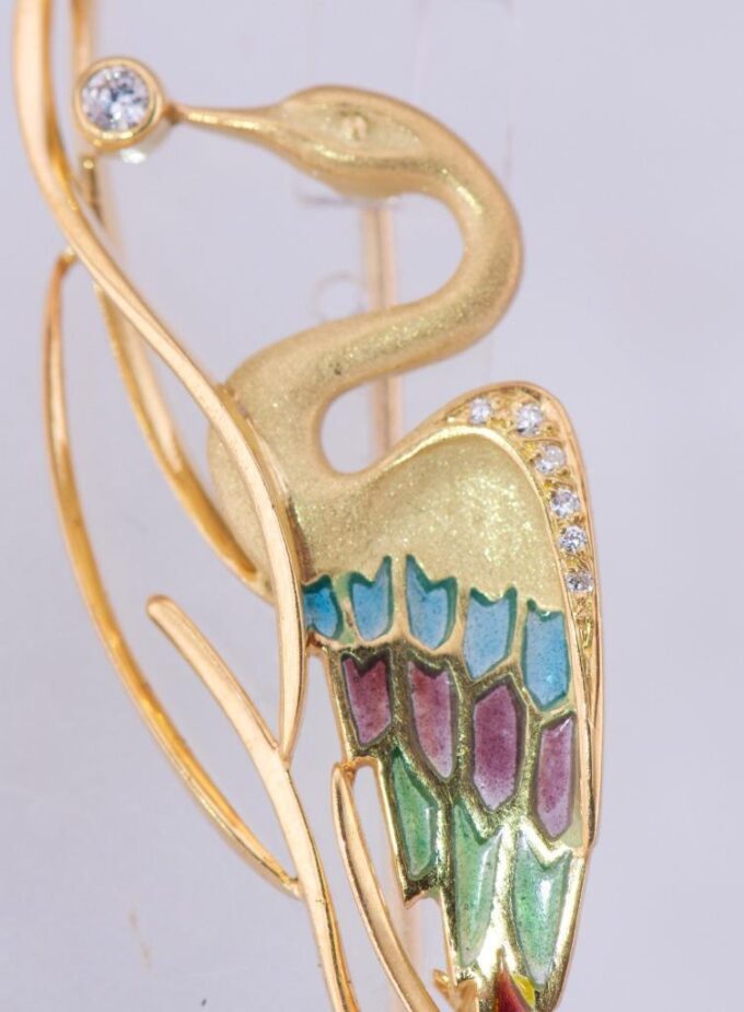 Amazing Antique French Lalique Bird Brooch 18k Gold Enamel and Diamond-Boxed