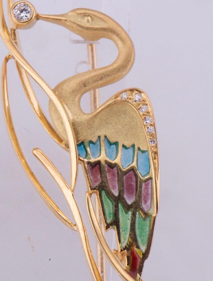 Amazing Antique French Lalique Bird Brooch 18k Gold Enamel and Diamond-Boxed