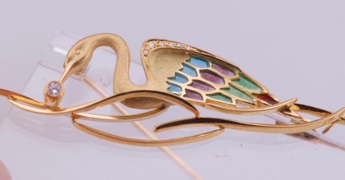 Amazing Antique French Lalique Bird Brooch 18k Gold Enamel and Diamond-Boxed