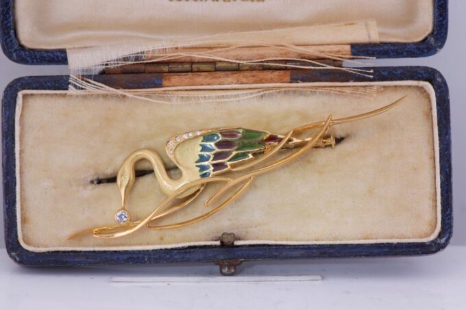 Amazing Antique French Lalique Bird Brooch 18k Gold Enamel and Diamond-Boxed