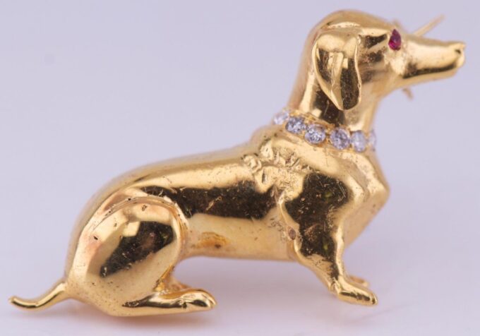 Antique Carl Bucherer Dachshund Dog Brooch 18k Gold Diamonds Ruby c1930's