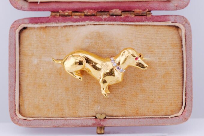 Antique Carl Bucherer Dachshund Dog Brooch 18k Gold Diamonds Ruby c1930's