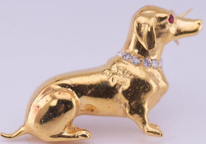 Antique Carl Bucherer Dachshund Dog Brooch 18k Gold Diamonds Ruby c1930's