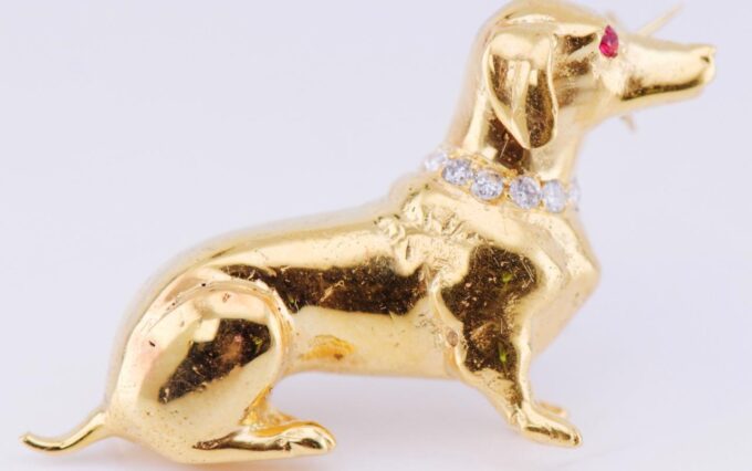 Antique Carl Bucherer Dachshund Dog Brooch 18k Gold Diamonds Ruby c1930's