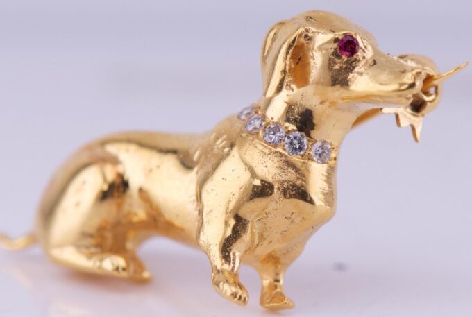 Antique Carl Bucherer Dachshund Dog Brooch 18k Gold Diamonds Ruby c1930's