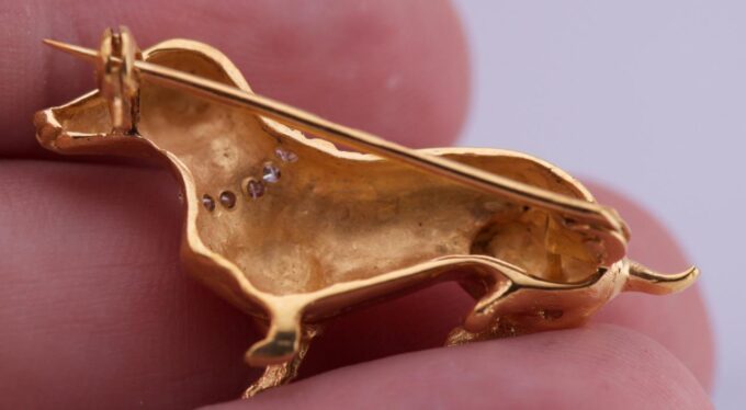 Antique Carl Bucherer Dachshund Dog Brooch 18k Gold Diamonds Ruby c1930's