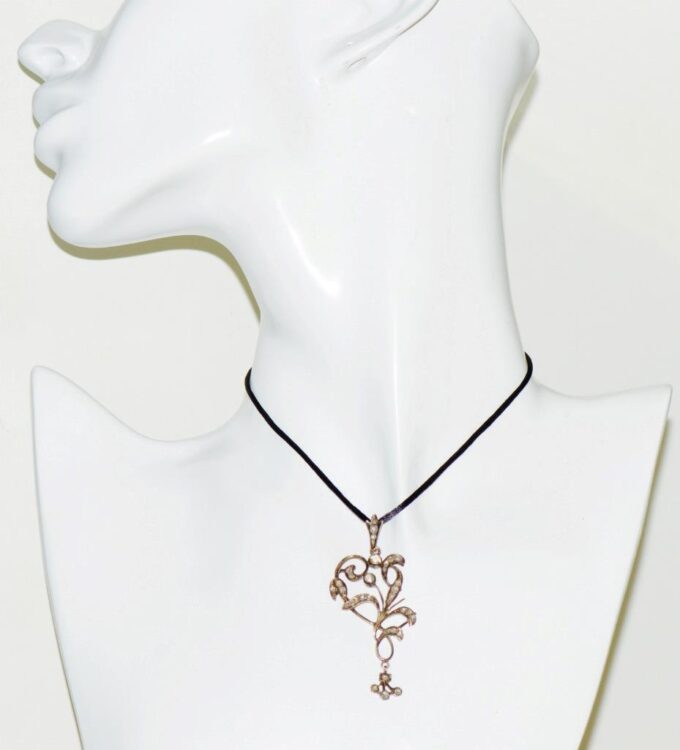 Antique Empire Art-Nouveau Pendant Fob 14k Gold and Diamonds c1890's Boxed