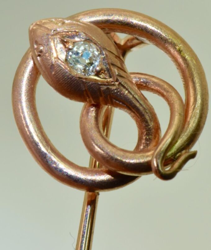 Antique Empire Snake Brooch Tie Pin 14k Gold and Diamond Boxed c1890's