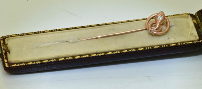 Antique Empire Snake Brooch Tie Pin 14k Gold and Diamond Boxed c1890's