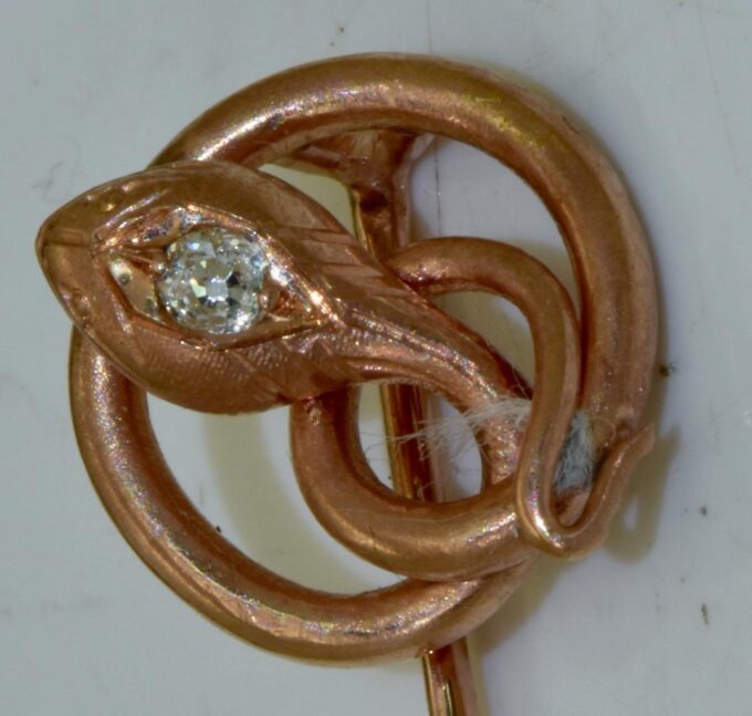 Antique Empire Snake Brooch Tie Pin 14k Gold and Diamond Boxed c1890's