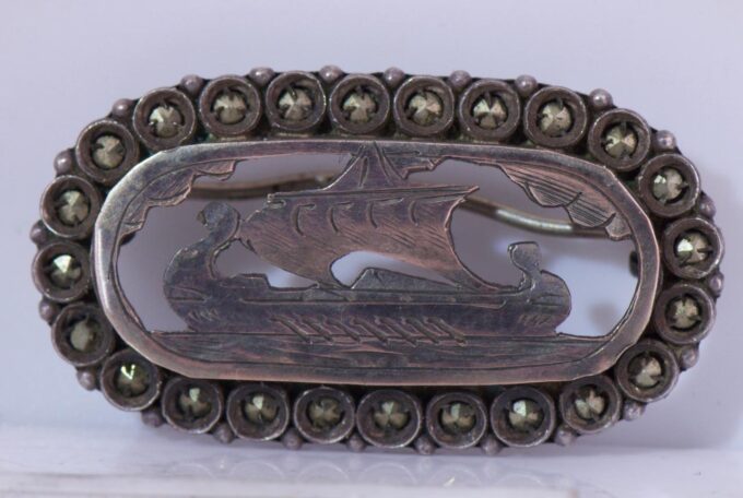 Antique Egypt 800 Silver and Rolled Gold Hand Engraved Pierced Brooch c1930's