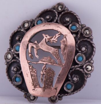 Antique Egypt 800 Silver and Rolled Gold Hand Engraved Pierced Brooch c1930