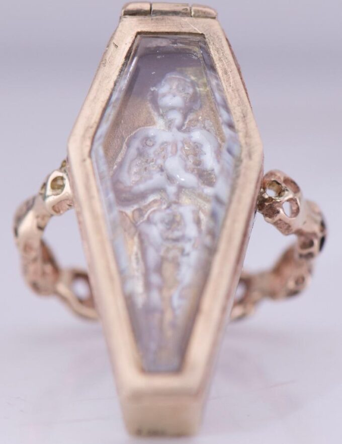 Antique Victorian 14k Gold Enamel Locket Ring Memento Mori Skeleton in Coffin