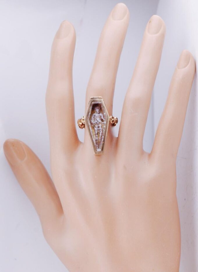 Antique Victorian 14k Gold Enamel Locket Ring Memento Mori Skeleton in Coffin