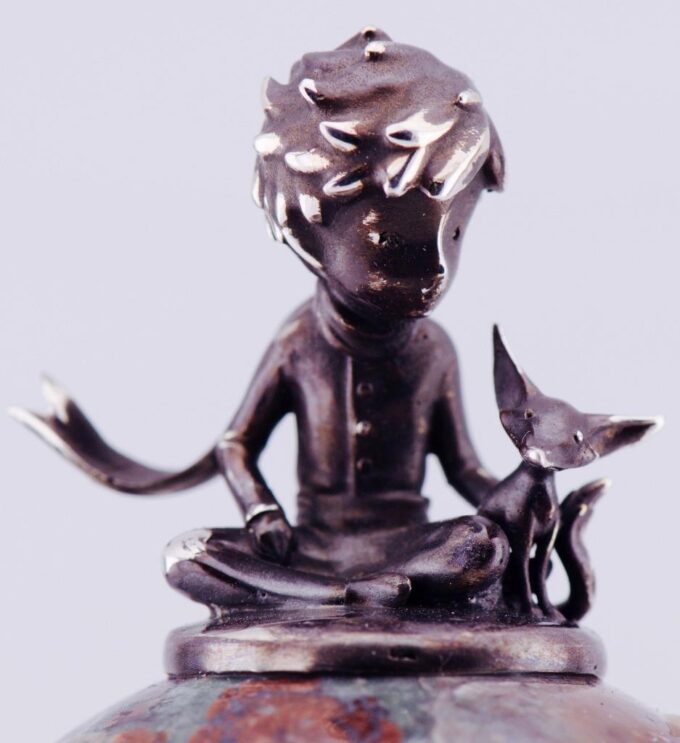 Antique Carved Jasper Stone Paperweight Little Prince Sterling Silver Figurine