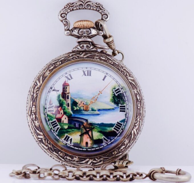 Antique Pocket Watch Automaton-Dutch Mill Fancy Enamel Dial-Oversize Chased Case