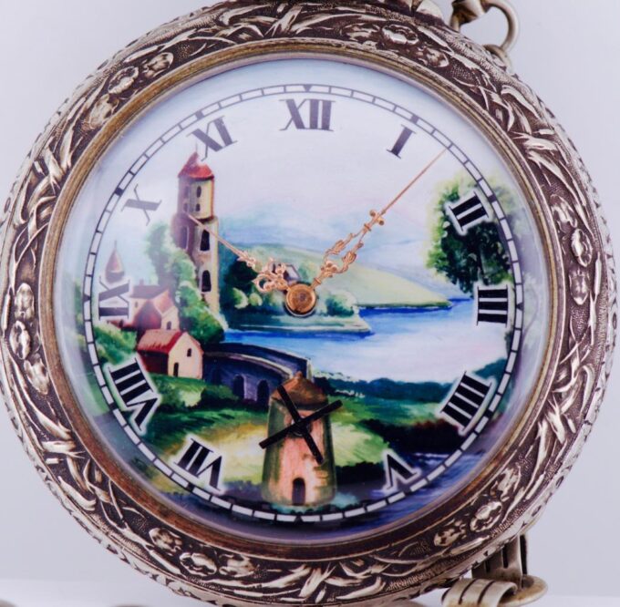 Antique Pocket Watch Automaton-Dutch Mill Fancy Enamel Dial-Oversize Chased Case