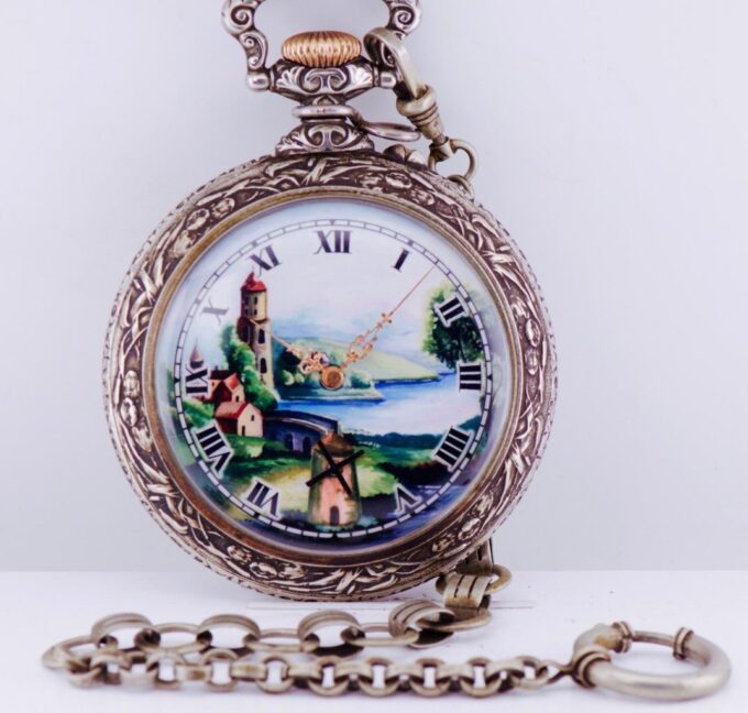 Antique Pocket Watch Automaton-Dutch Mill Fancy Enamel Dial-Oversize Chased Case