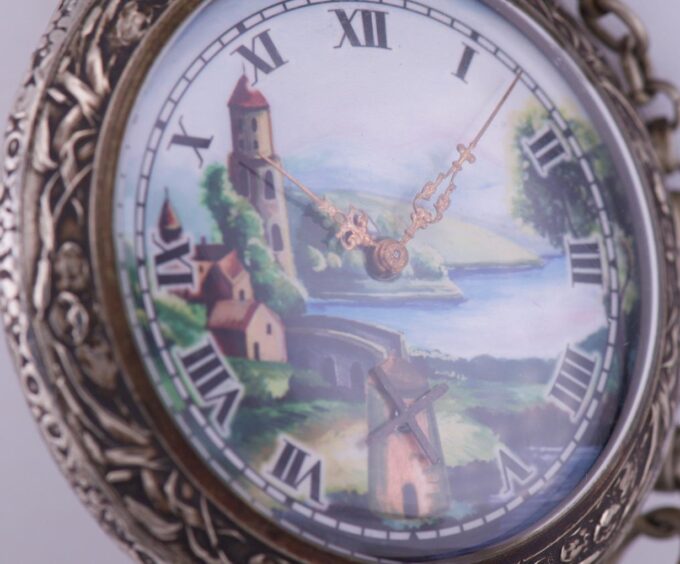 Antique Pocket Watch Automaton-Dutch Mill Fancy Enamel Dial-Oversize Chased Case