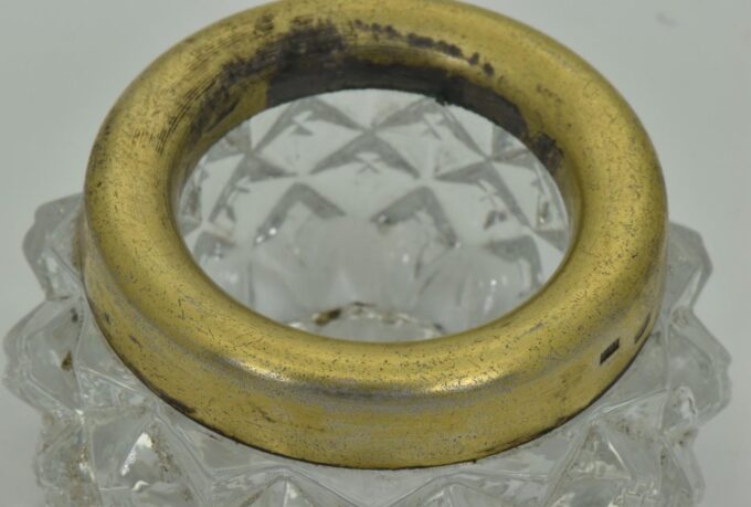 Antique vermeil silver&hand carved crystal mustard holder c1930's