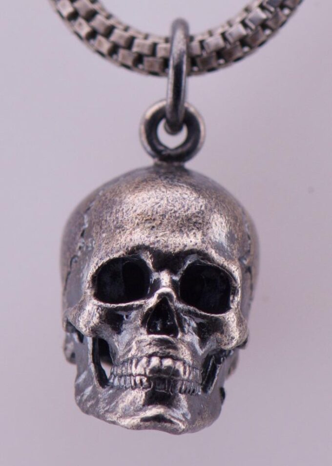 Antique Victorian Skull Pendant Fob Chain Necklace Memento Mori Sterling Silver