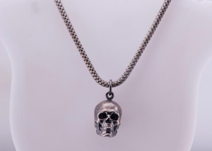 Antique Victorian Skull Pendant Fob Chain Necklace Memento Mori Sterling Silver