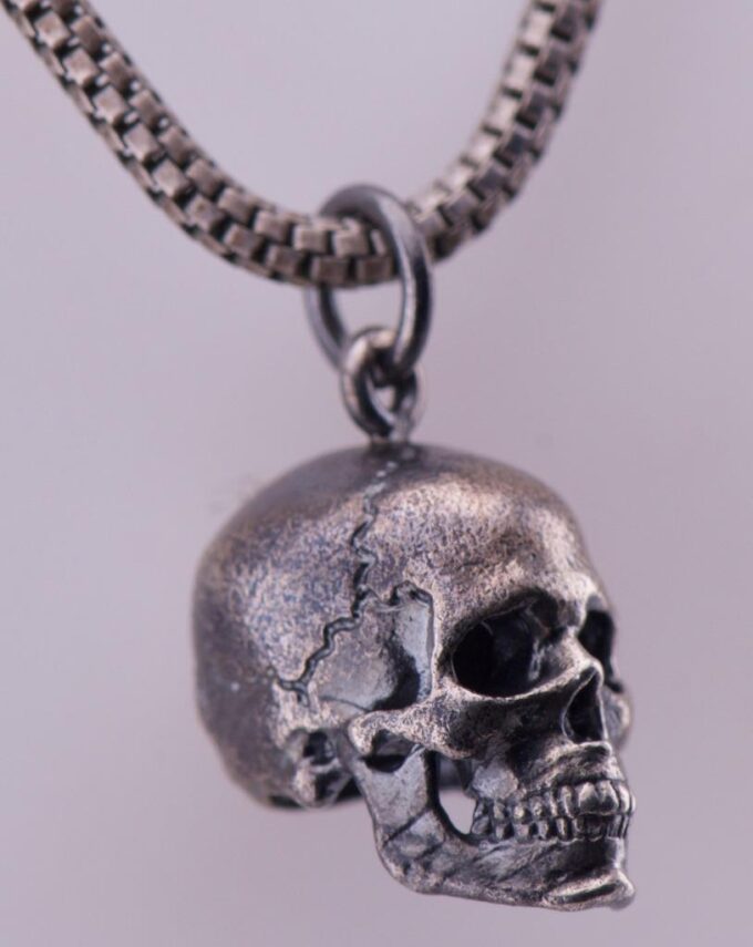 Antique Victorian Skull Pendant Fob Chain Necklace Memento Mori Sterling Silver