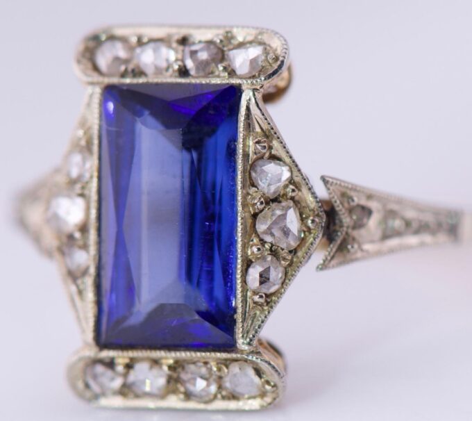 Amazing Antique Empire Ladies 14k Gold Ring Diamonds and 3ct Sapphire c1890's